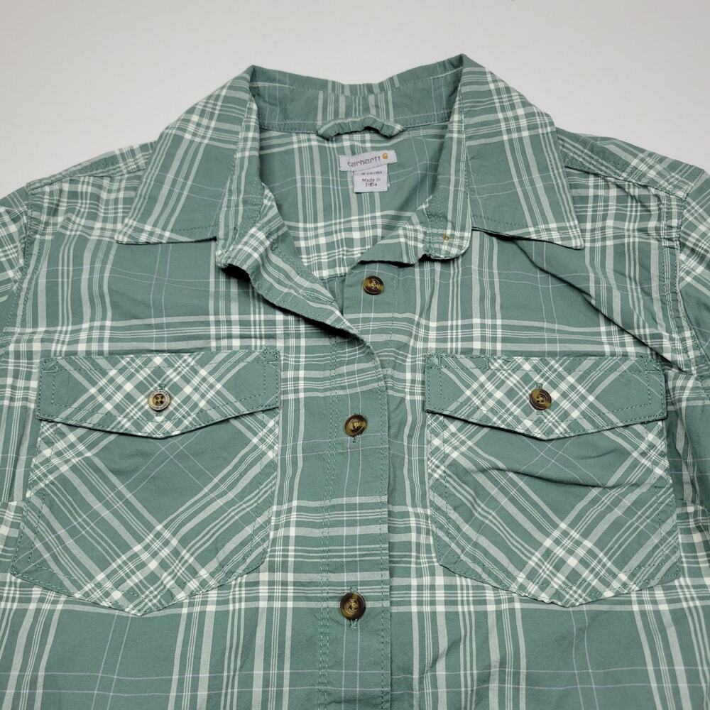 Carhartt Green Plaid Women's Button Up Shirt Roll-Tab Pockets Canvas Size S